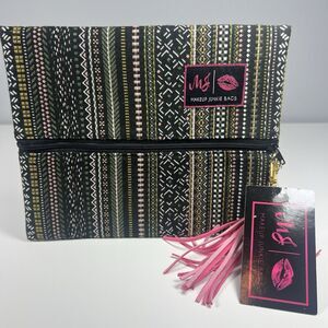 Makeup Junkie Bag Indigo Woven Stripes Small Pink Black Green 8.5” x 7” NWT